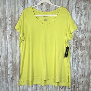 Jones New York T-Shirt Womens V-Neck Split Hem Stepped sz 1X Cotton Green Yellow
